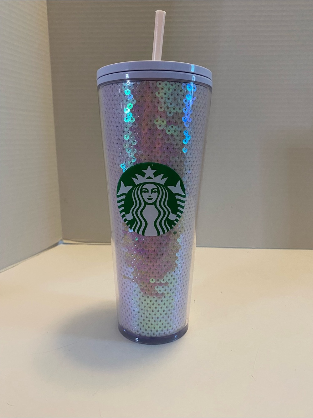 Starbucks Holiday Plastic Tumbler Pink White Sequins Iridescent Cup 24oz